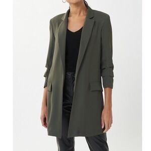 Joseph Ribkoff Longline Open Front Blazer Olive Ruched Sleeve Notched Lapel 16